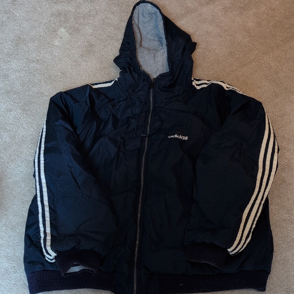 adidas Blue And Gray Hooded Zip Jacket with White Stripes